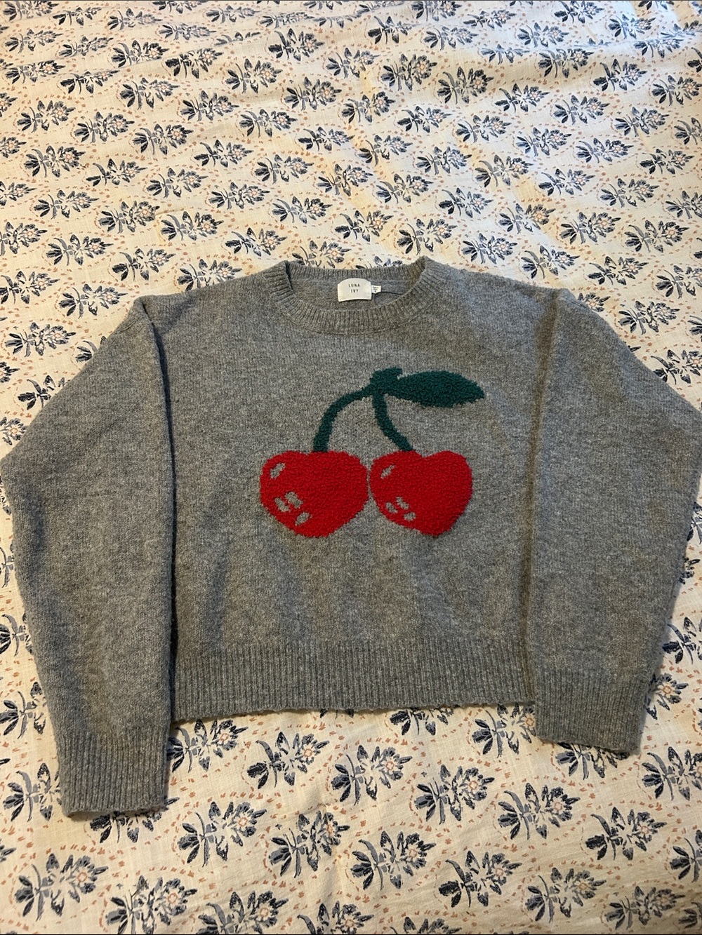 Gray Cherry Graphic Crewneck cropped Sweater - Ladies